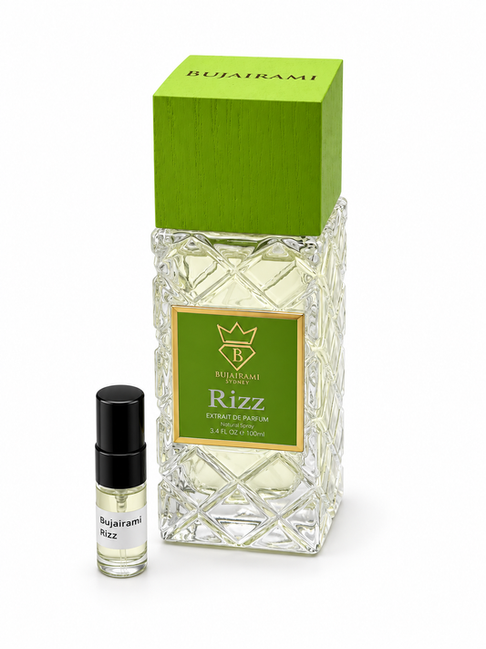 Bujairami Rizz fragrance bottle and black-capped sample vial on white