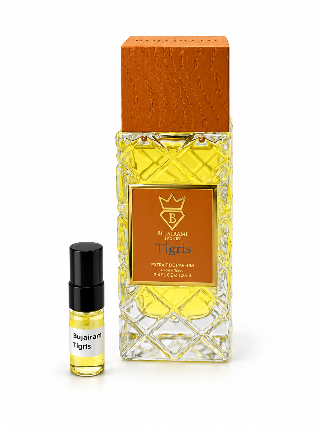 Bujairami Tigris fragrance bottle and black-capped sample vial on white