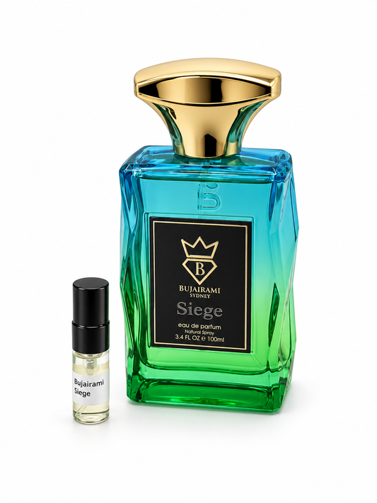 Bujairami Siege fragrance bottle and black-capped sample vial on white