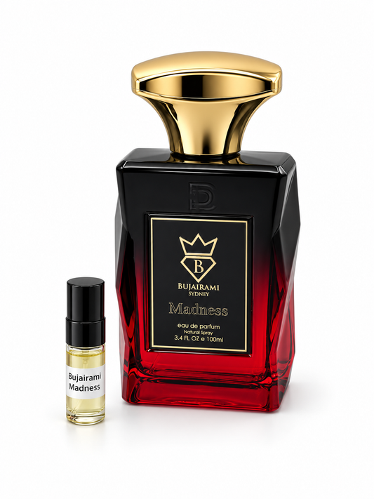 Bujairami Madness fragrance bottle and black-capped sample vial on white
