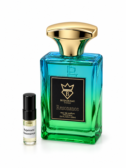 Bujairami Resonance fragrance bottle and black-capped sample vial on white
