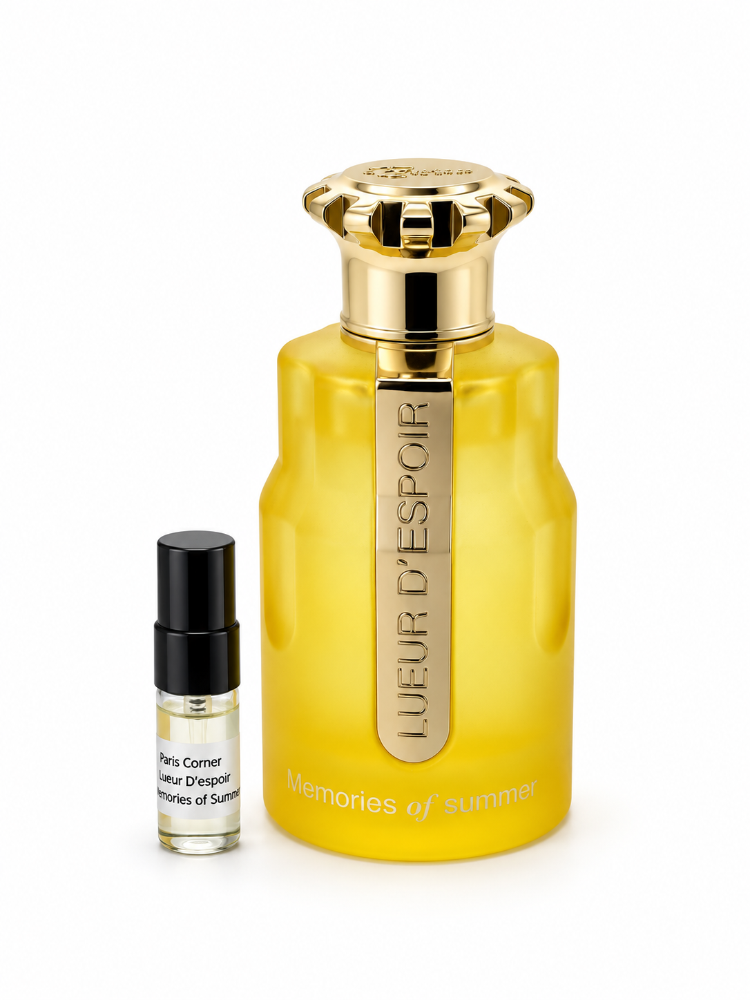 Paris Corner Lueur d'Espoir Memories of Summer fragrance bottle and black-capped sample vial on white