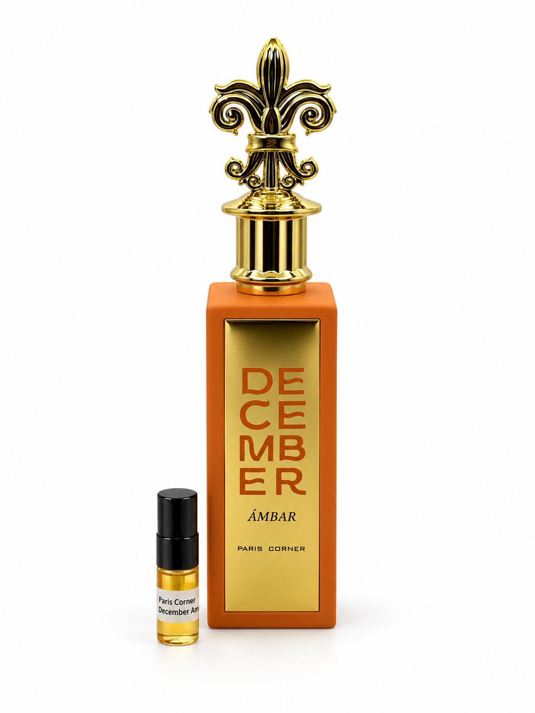Paris Corner December Ambar fragrance bottle and black-capped sample vial on white