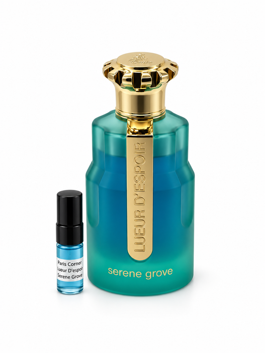 Paris Corner Lueur d'Espoir Serene Grove fragrance bottle and black-capped sample vial on white