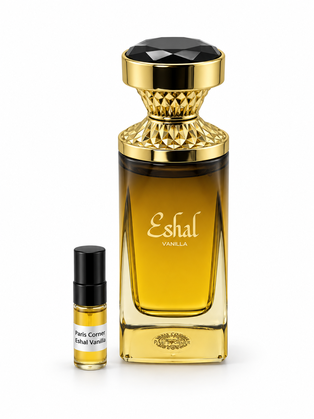 Paris Corner Eshal Vanilla fragrance bottle and black-capped sample vial on white