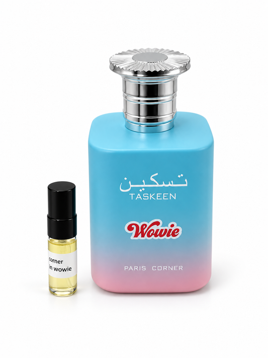 Paris Corner Taskeen Wowie fragrance bottle and black-capped sample vial on white
