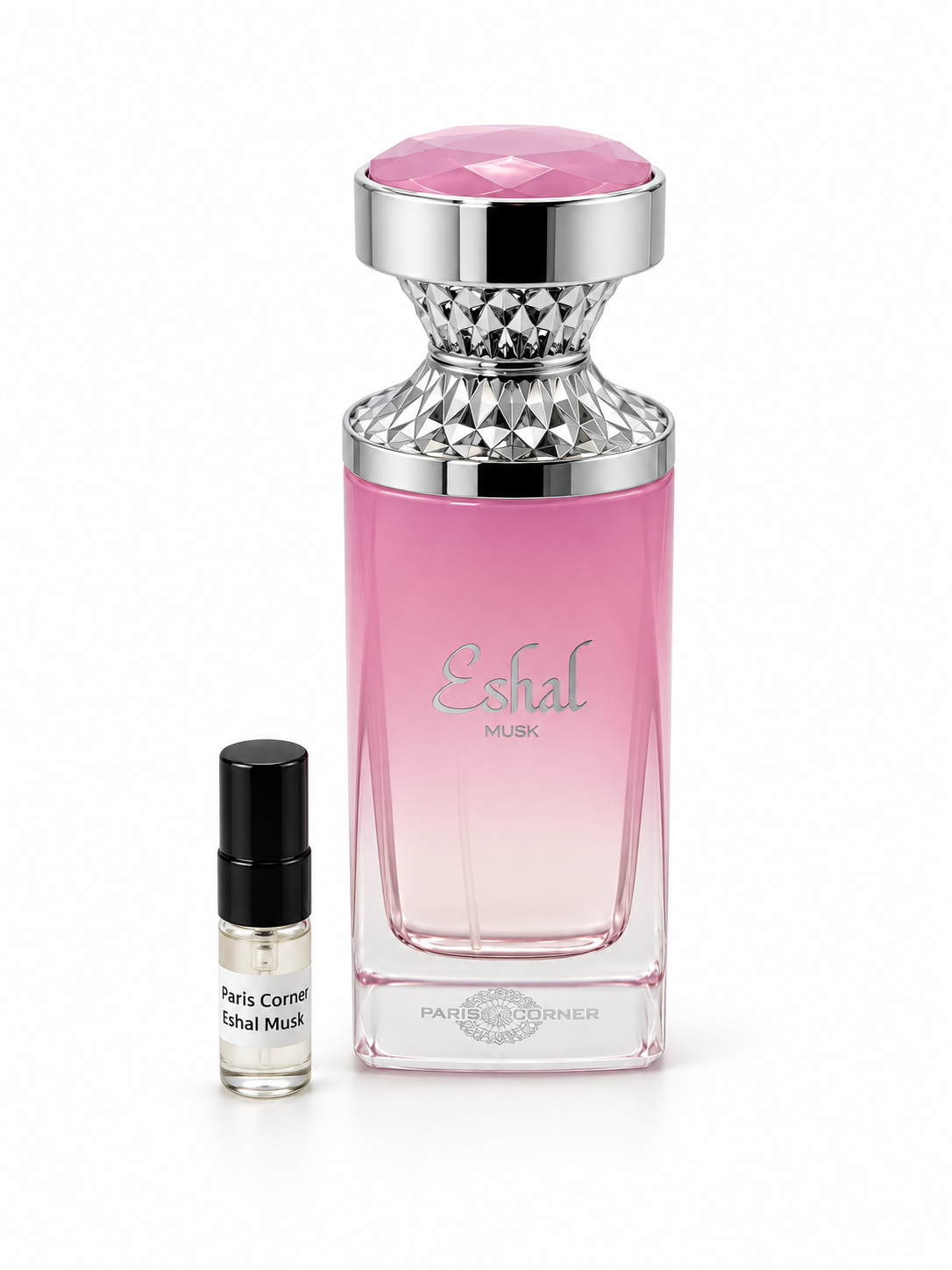 Paris Corner Eshal Musk fragrance bottle and black-capped sample vial on white