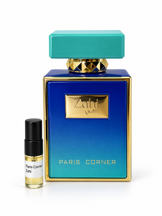 Paris Corner Zahi fragrance bottle and black-capped sample vial on white