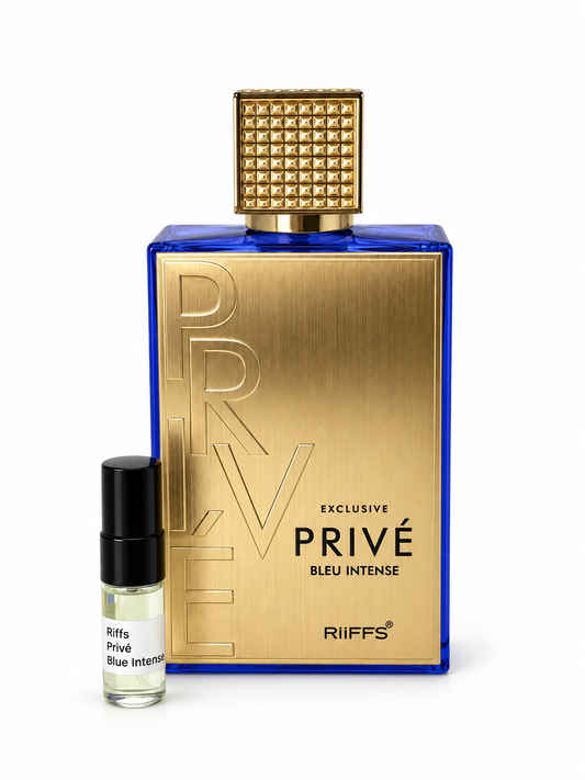 Riiffs Exclusive Prive Bleu Intense fragrance bottle and black-capped sample vial on white