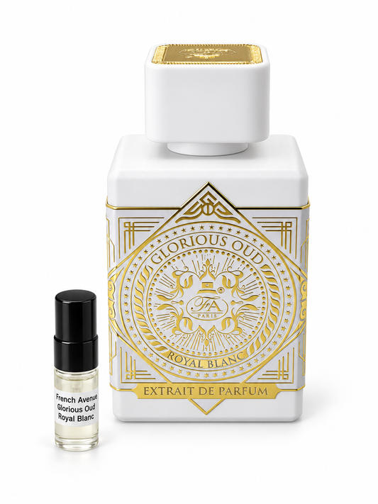 French Avenue Glorious Oud Royal Blanc fragrance bottle and black-capped sample vial on white