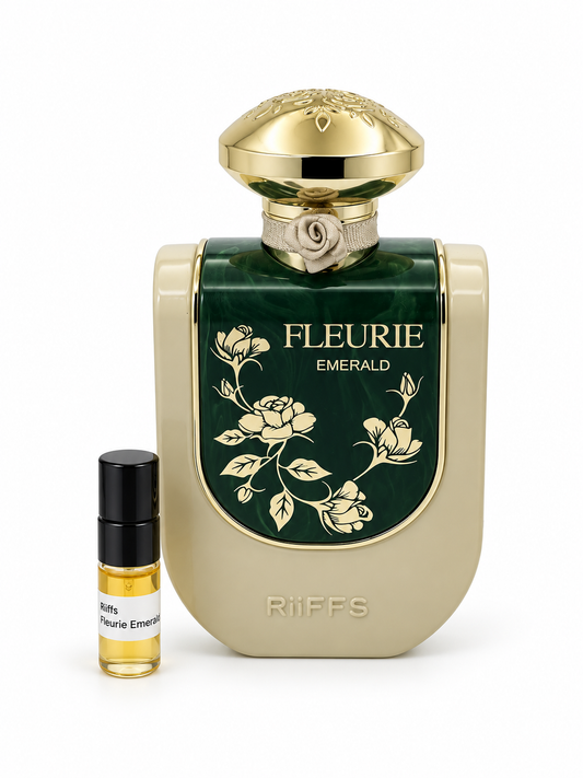 Riiffs Fleurie Emerald fragrance bottle and black-capped sample vial on white