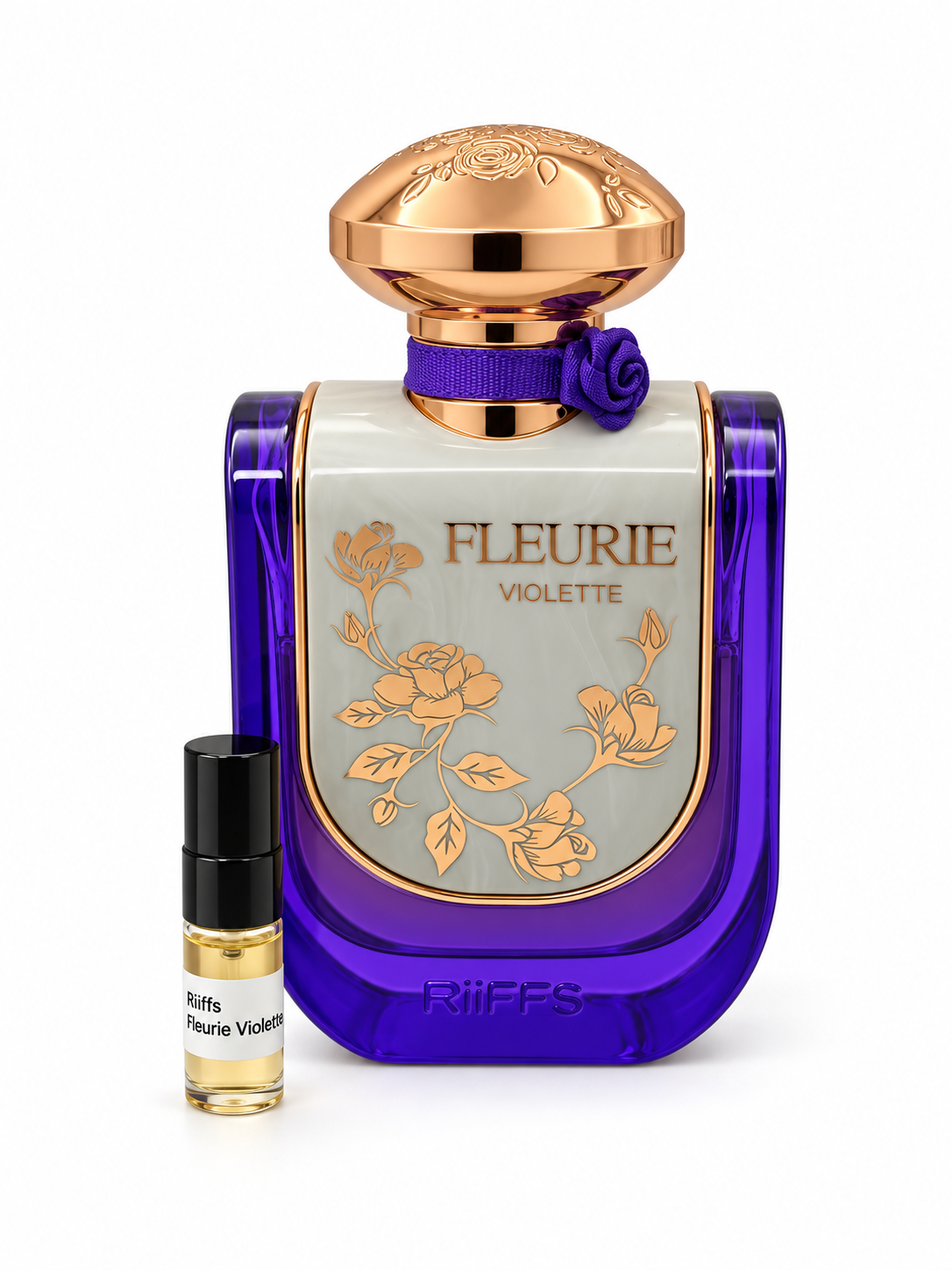 Riiffs Fleurie Violette fragrance bottle and black-capped sample vial on white