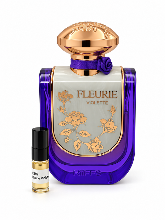 Riiffs Fleurie Violette fragrance bottle and black-capped sample vial on white