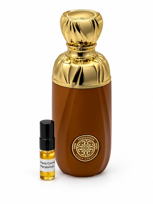 Paris Corner Perseviron fragrance bottle and black-capped sample vial on white