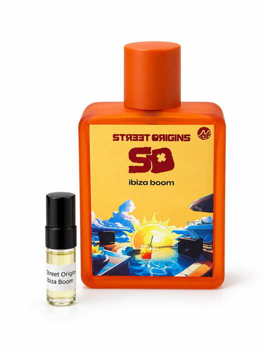 Street Origins Ibiza Boom fragrance bottle and black-capped sample vial on white