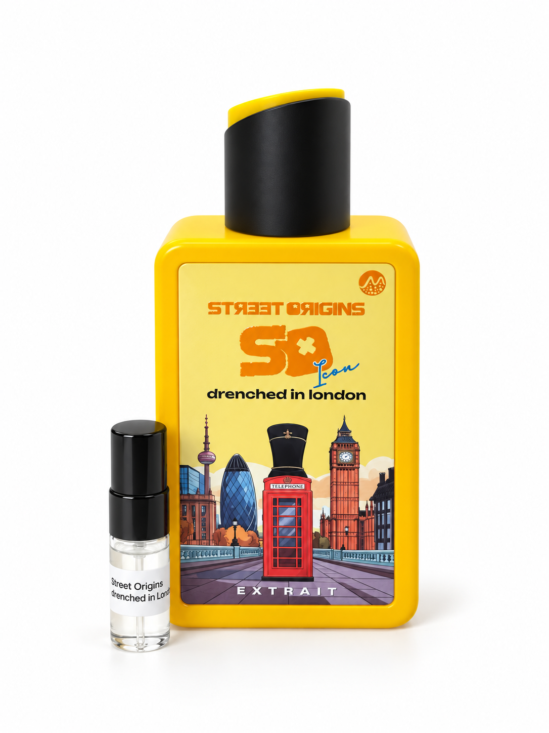 Street Origins Drenched In London fragrance bottle and black-capped sample vial on white