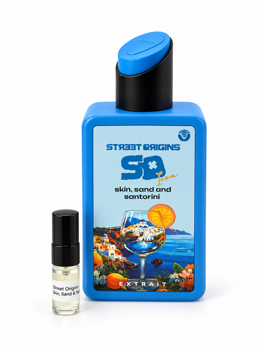 Street Origins Skin, Sand & Santorini fragrance bottle and black-capped sample vial on white