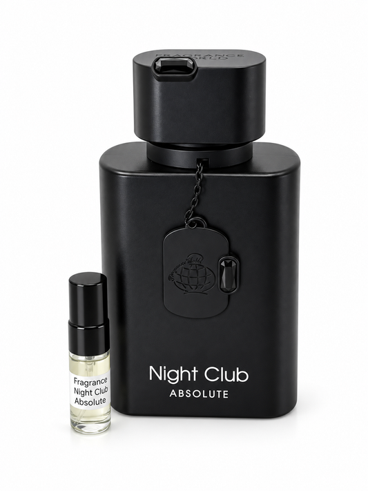 Fragrance World Night Club Absolute fragrance bottle and black-capped sample vial on white