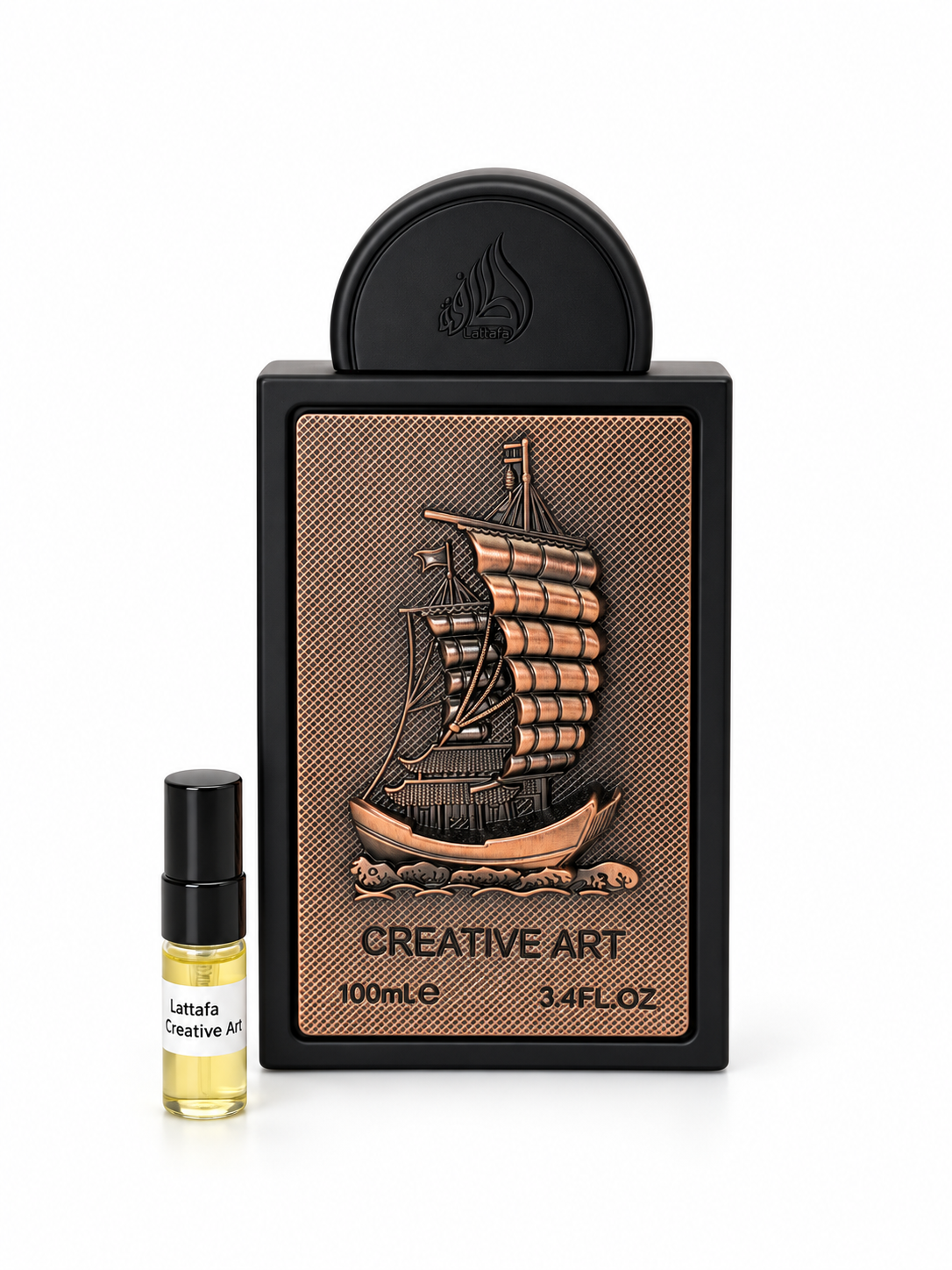 Lattafa Pride Creative Art fragrance bottle and black-capped sample vial on white