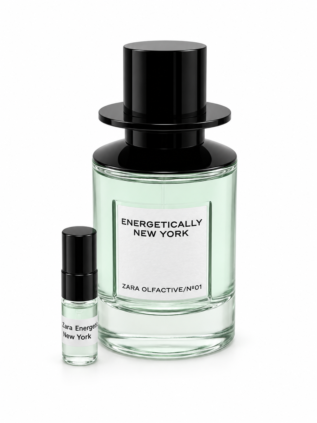 Zara ENERGETICALLY NEW YORK fragrance bottle and black-capped sample vial on white