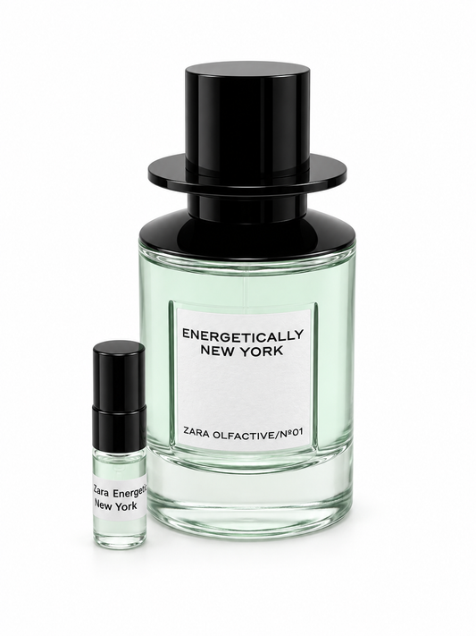 Zara ENERGETICALLY NEW YORK fragrance bottle and black-capped sample vial on white