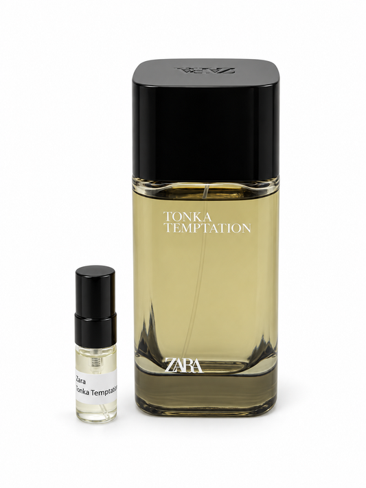 Zara Tonka Temptation fragrance bottle and black-capped sample vial on white