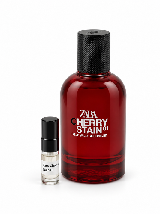 Zara Cherry Stain 01 fragrance bottle and black-capped sample vial on white