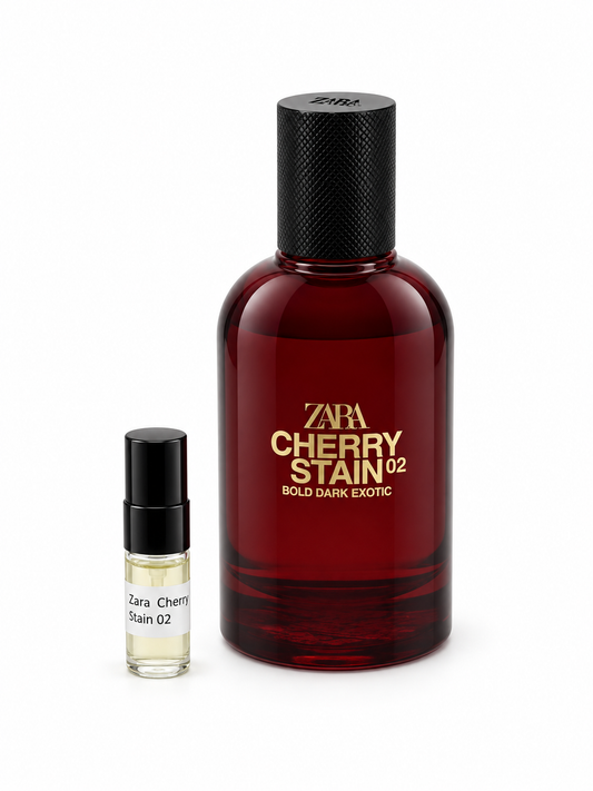 Zara Cherry Stain 02 fragrance bottle and black-capped sample vial on white