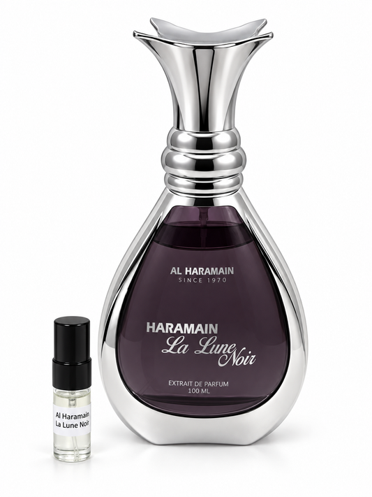 Al Haramain  La Lune Noir fragrance bottle and black-capped sample vial on white