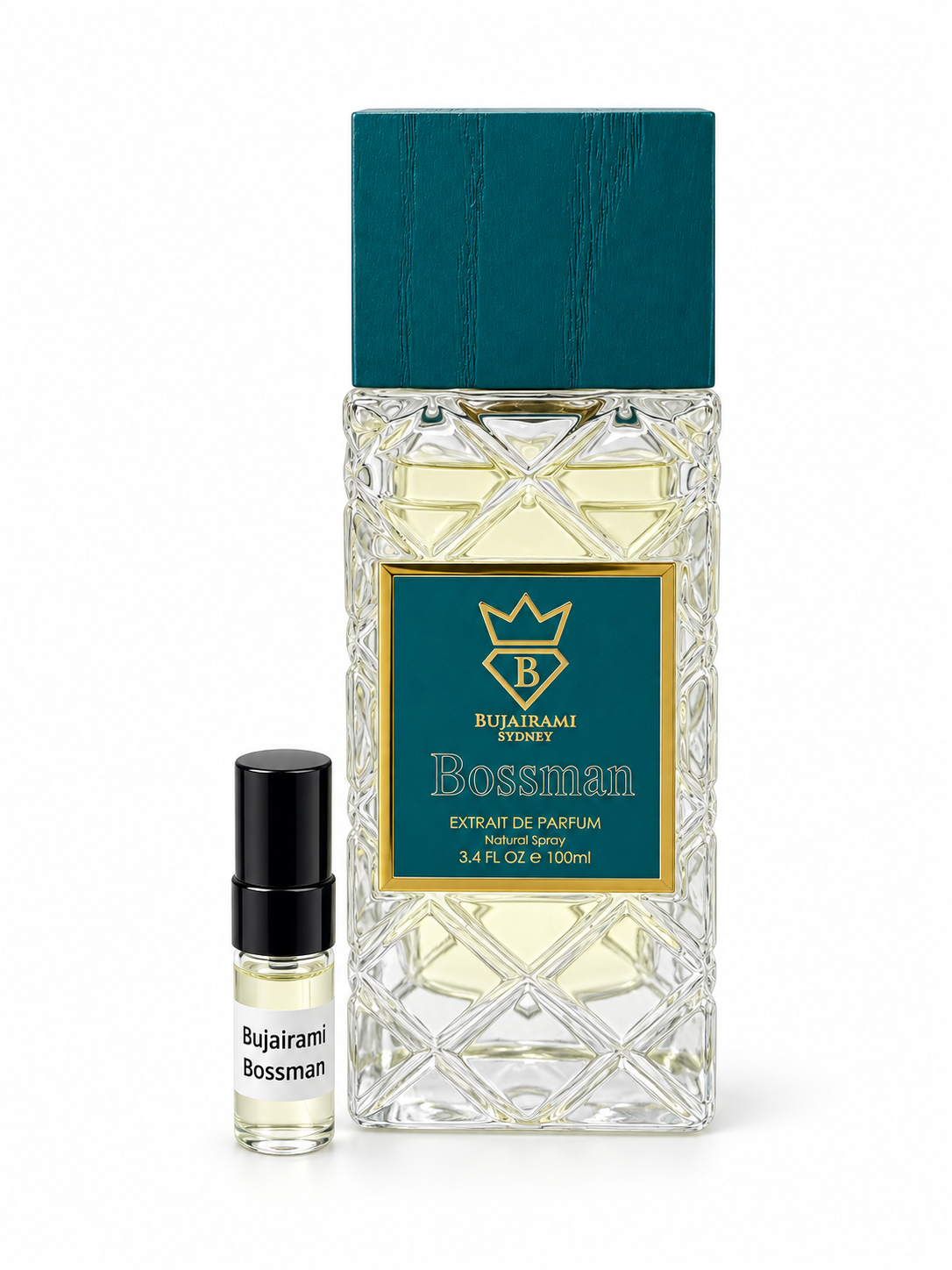 Bujairami Bossman fragrance bottle and black-capped sample vial on white