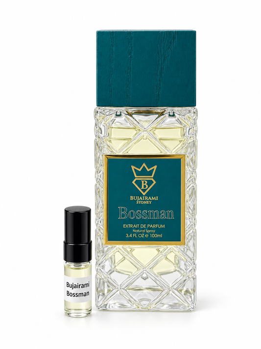 Bujairami Bossman fragrance bottle and black-capped sample vial on white