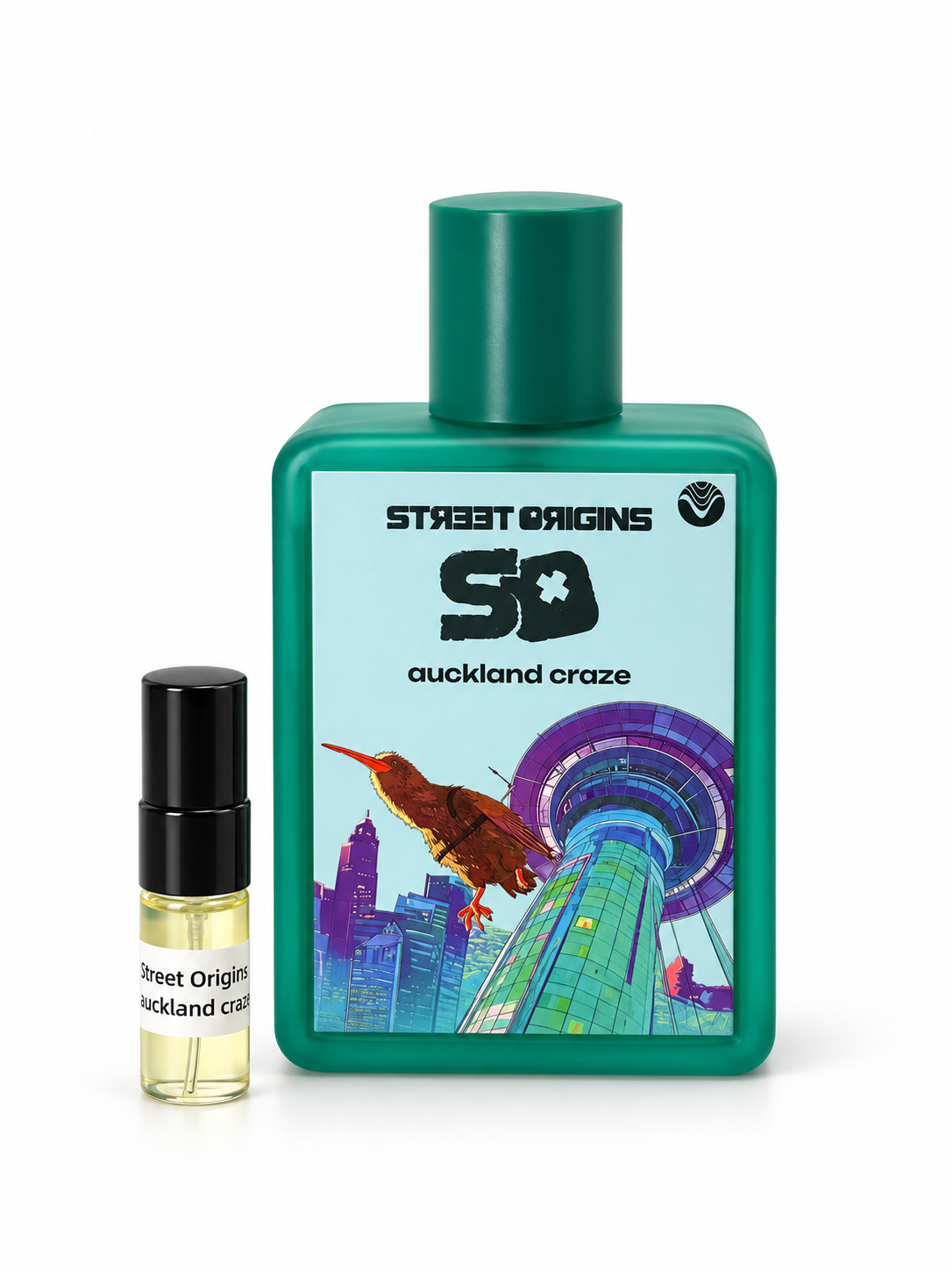 Street Origins Auckland Craze fragrance bottle and black-capped sample vial on white