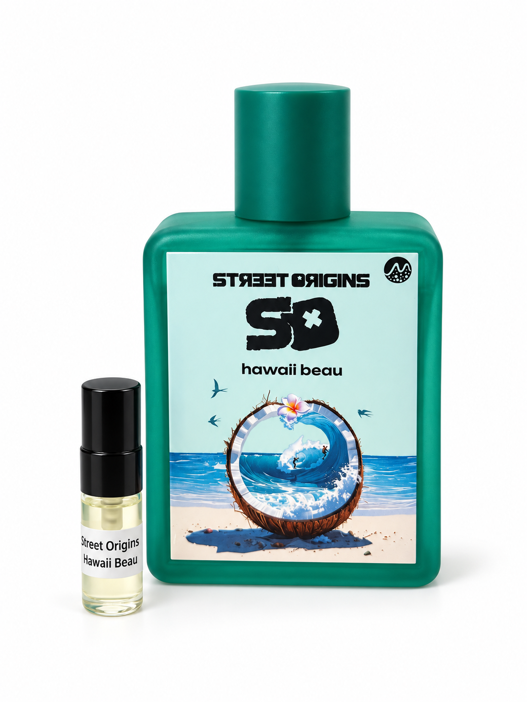 Street Origins Hawaii Beau fragrance bottle and black-capped sample vial on white