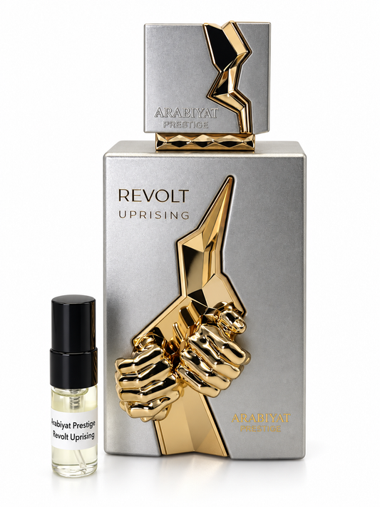 Arabiyat Prestige Revolt Uprising fragrance bottle and black-capped sample vial on white