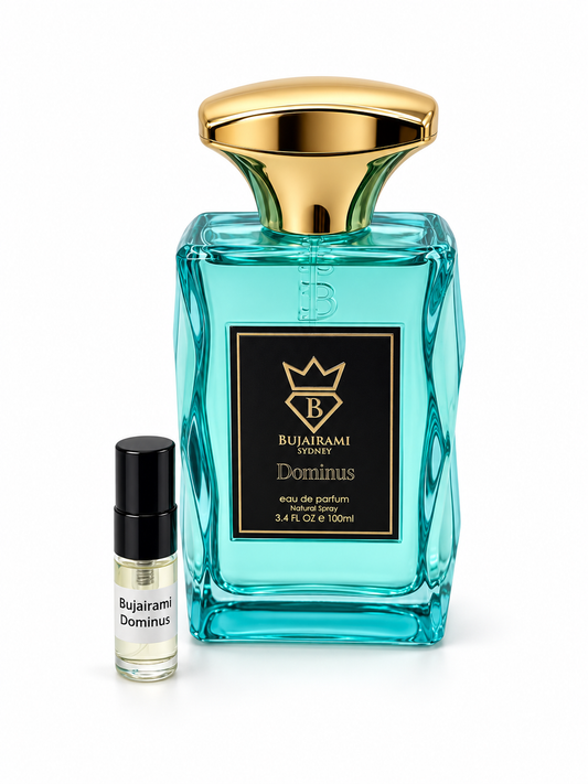 Bujairami Dominus fragrance bottle and black-capped sample vial on white