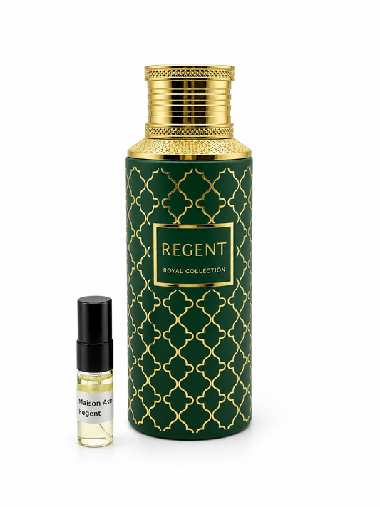 Maison Asrar Regent fragrance bottle and black-capped sample vial on white