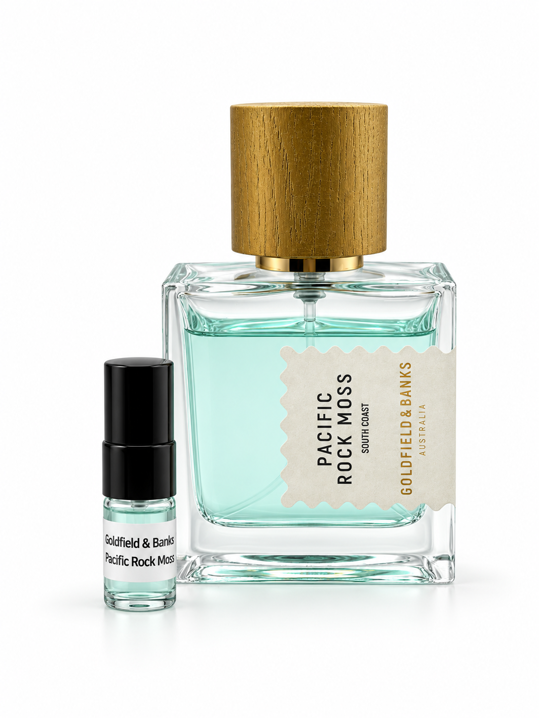 Goldfield &  Banks Pacific Rock Moss fragrance bottle and black-capped sample vial on white