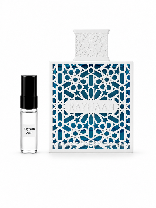 Rayhaan Azul fragrance bottle and black-capped sample vial on white
