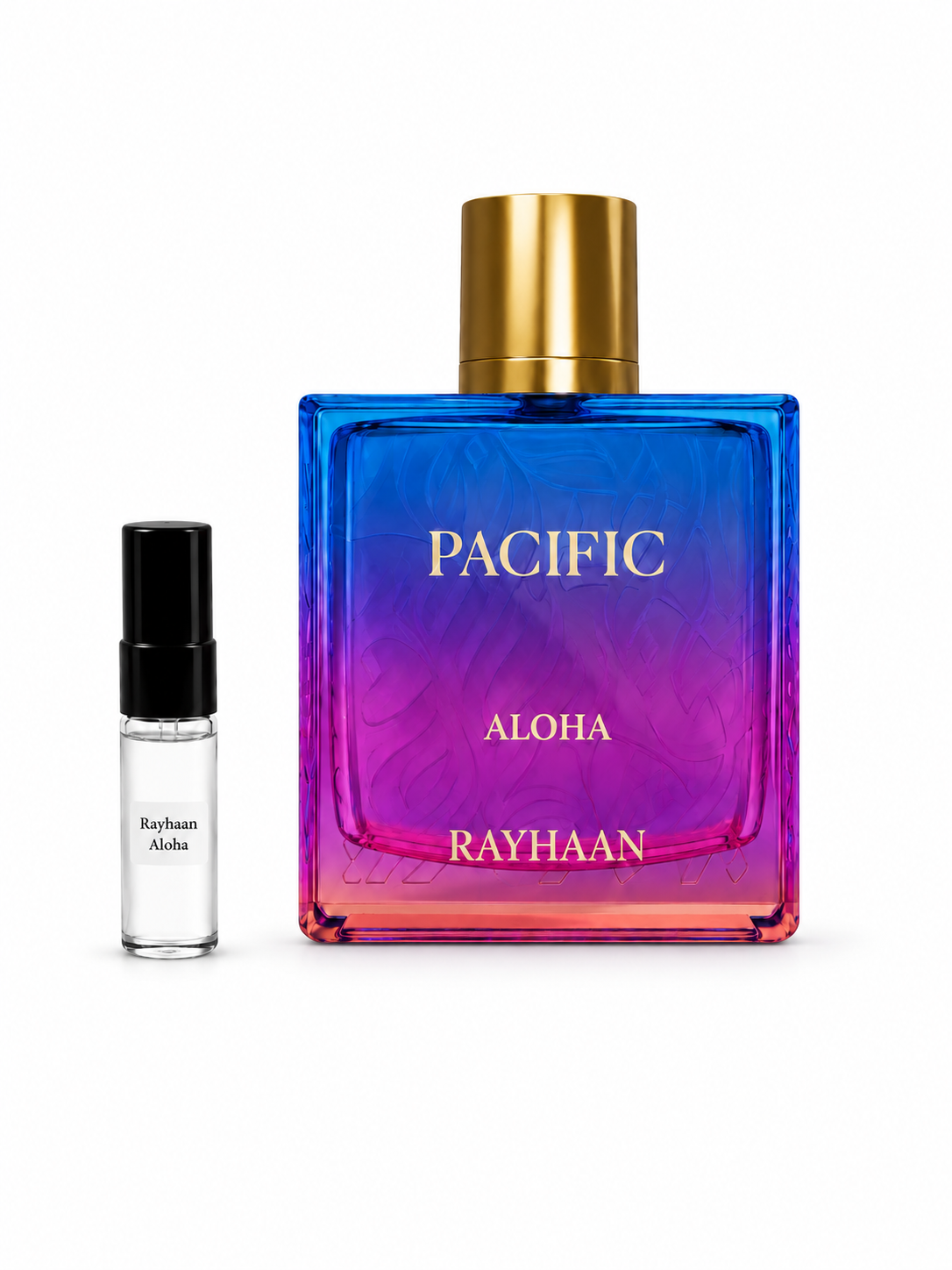 Rayhaan Aloha fragrance bottle and black-capped sample vial on white