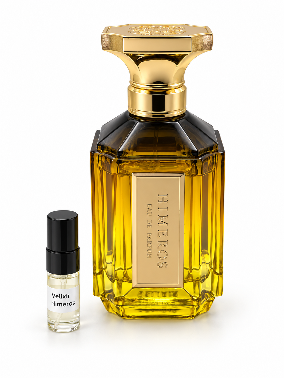 Velixir Himeros fragrance bottle and black-capped sample vial on white