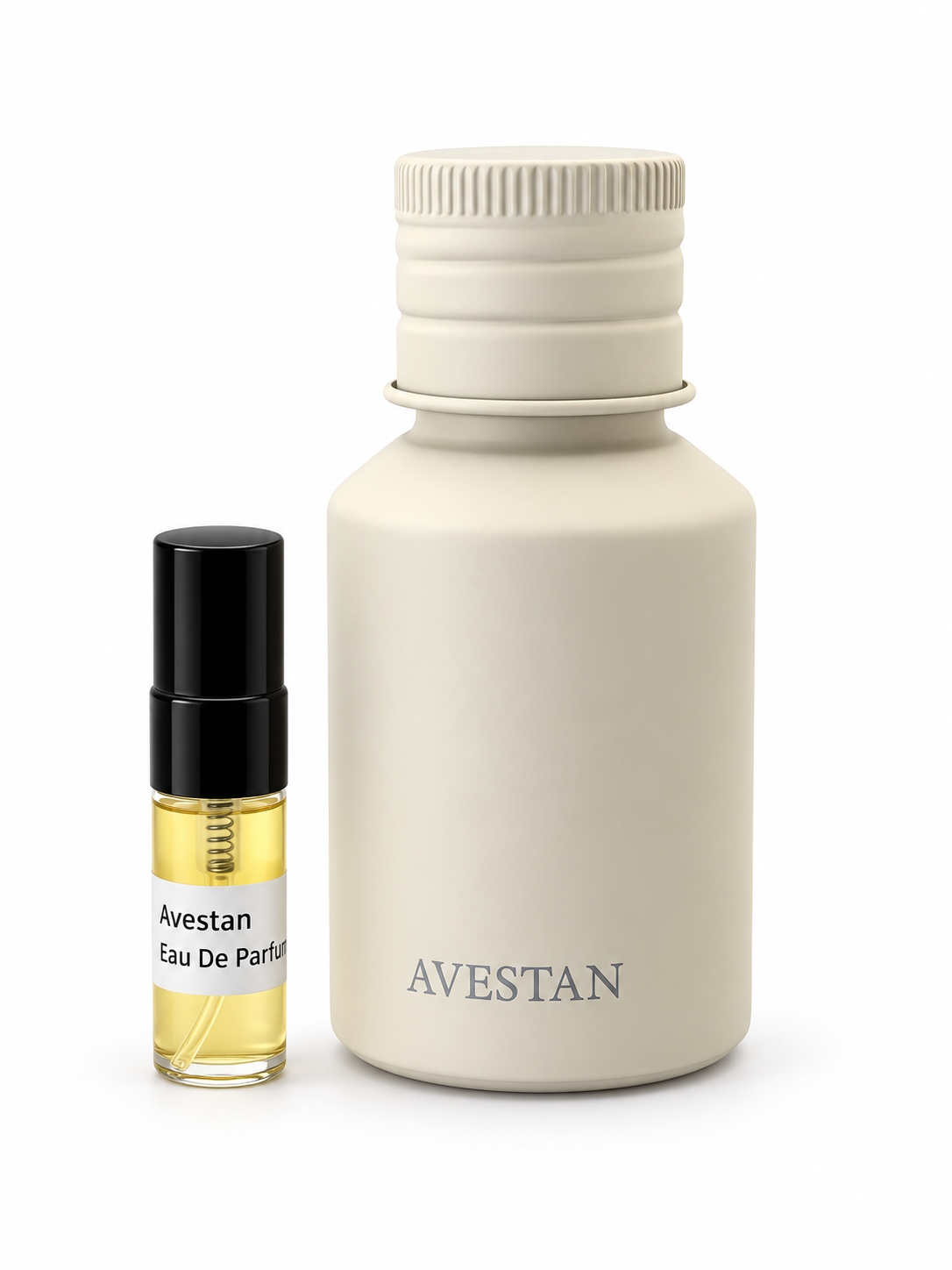 Avestan fragrance bottle and black-capped sample vial on white