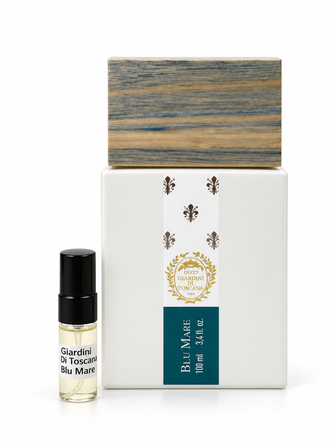 Blu Mare Giardini Di Toscana fragrance bottle and black-capped sample vial on white