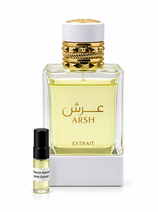 French Avenue Arsh fragrance bottle and black-capped sample vial on white