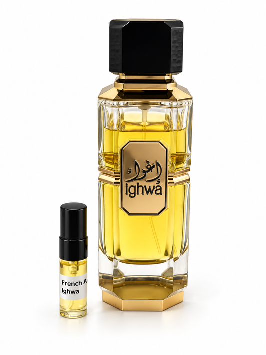 Ighwa French Avenue fragrance bottle and black-capped sample vial on white