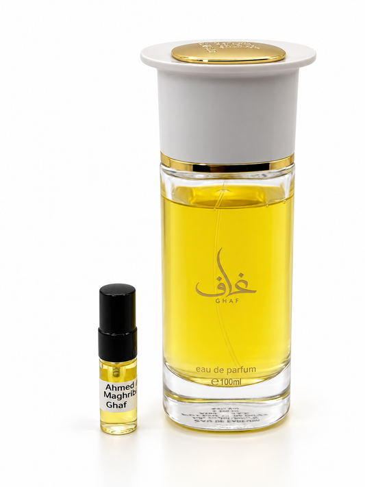 Ahmed Al Maghribi Ghaf fragrance bottle and black-capped sample vial on white