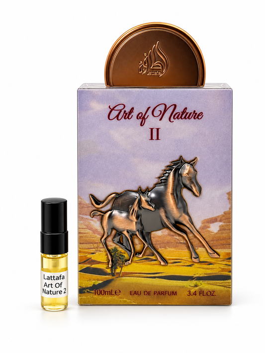 Lattafa Art Of Nature 2 fragrance bottle and black-capped sample vial on white