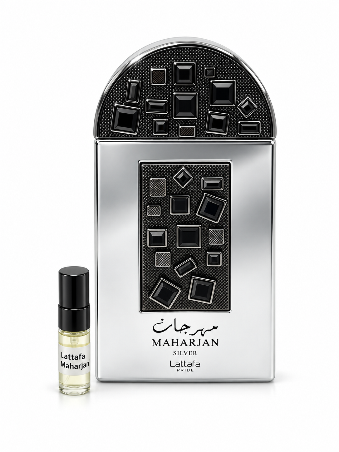 Lattafa Maharjan Silver fragrance bottle and black-capped sample vial on white