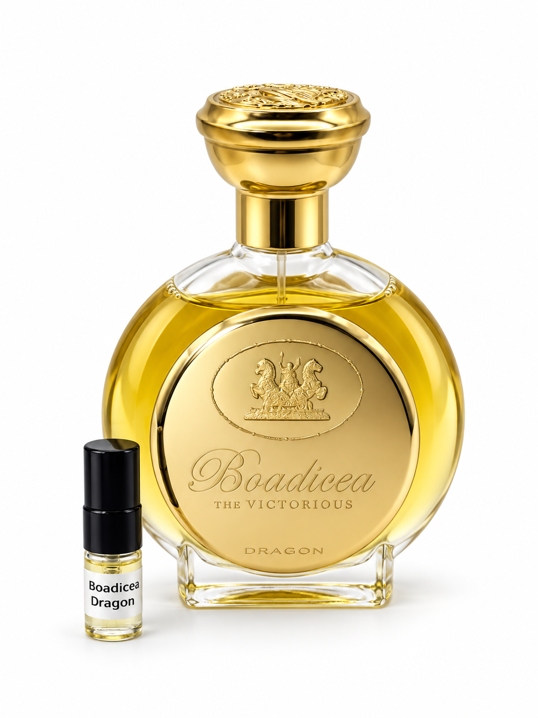 Boadicea the Victorious Dragon fragrance bottle and black-capped sample vial on white