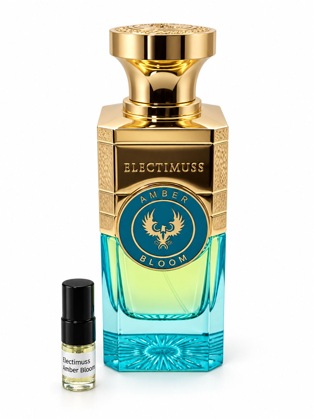 Electimuss Amber Bloom fragrance bottle and black-capped sample vial on white