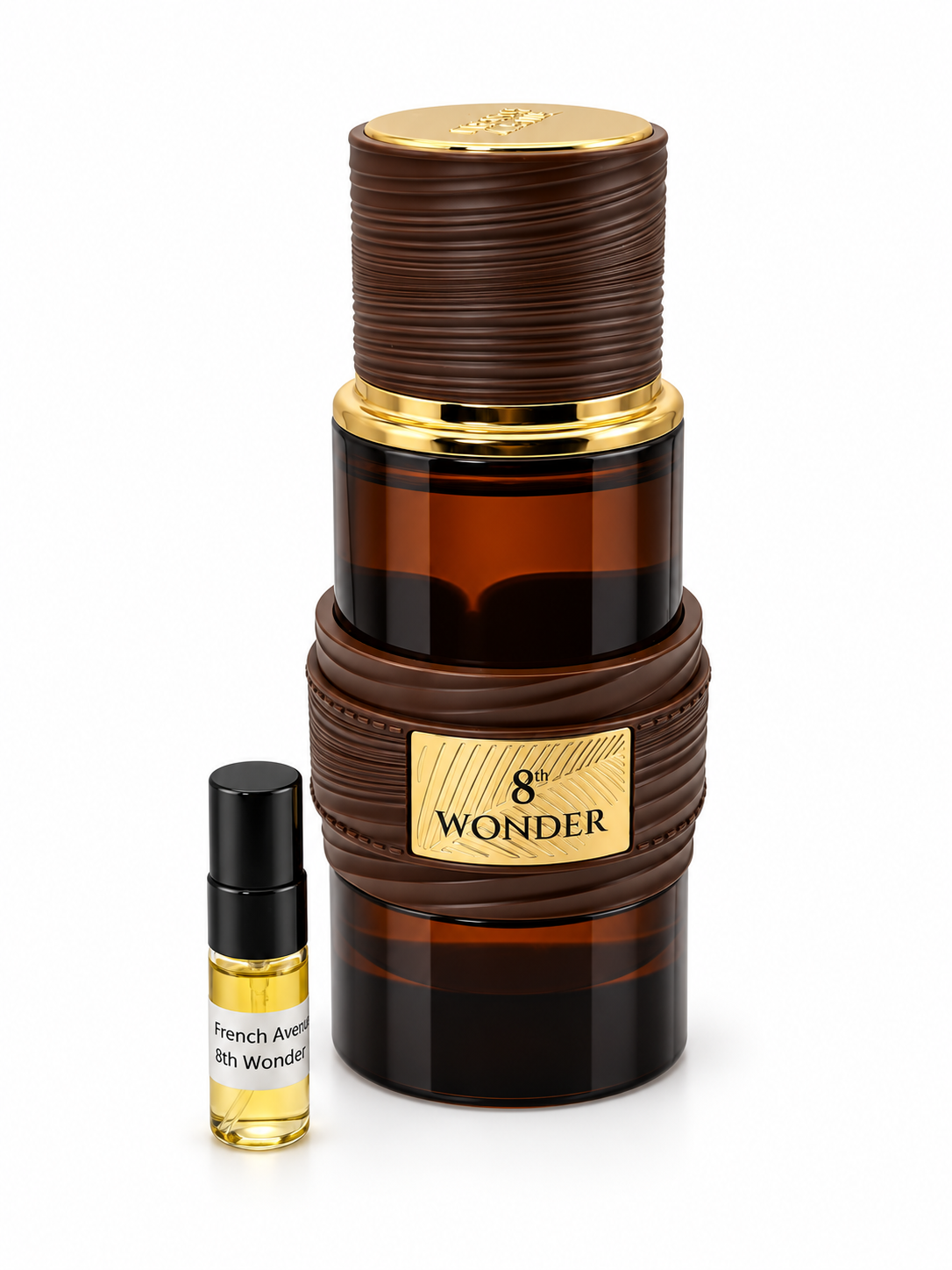 French Avenue 8th Wonder fragrance bottle and black-capped sample vial on white